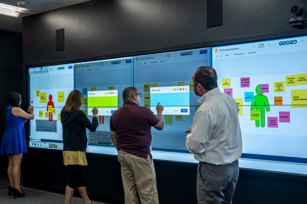 t1v-university-of-california-riverside-excite-center-for-teaching-and-learning-thinkhub-visual-collaboration-software-on-planar-6x2-video-wall-multiple-people-interacting-simultaneously